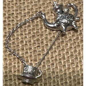 Avon Signed Teapot and Tea Cup Stick Pin Silver Tone Chain Vintage